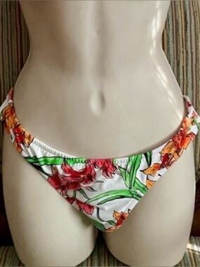 VENUS White Bikini Bottom with Red & Orange Floral Print